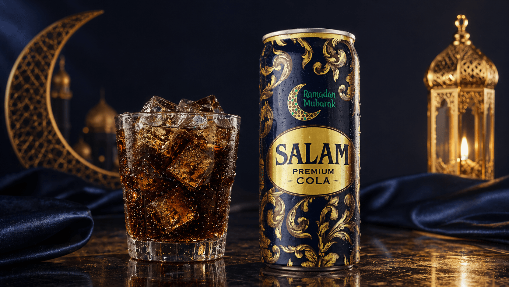 Salam Premium Cola Ramadan — банка со стаканом со льдом, фонарь и луна