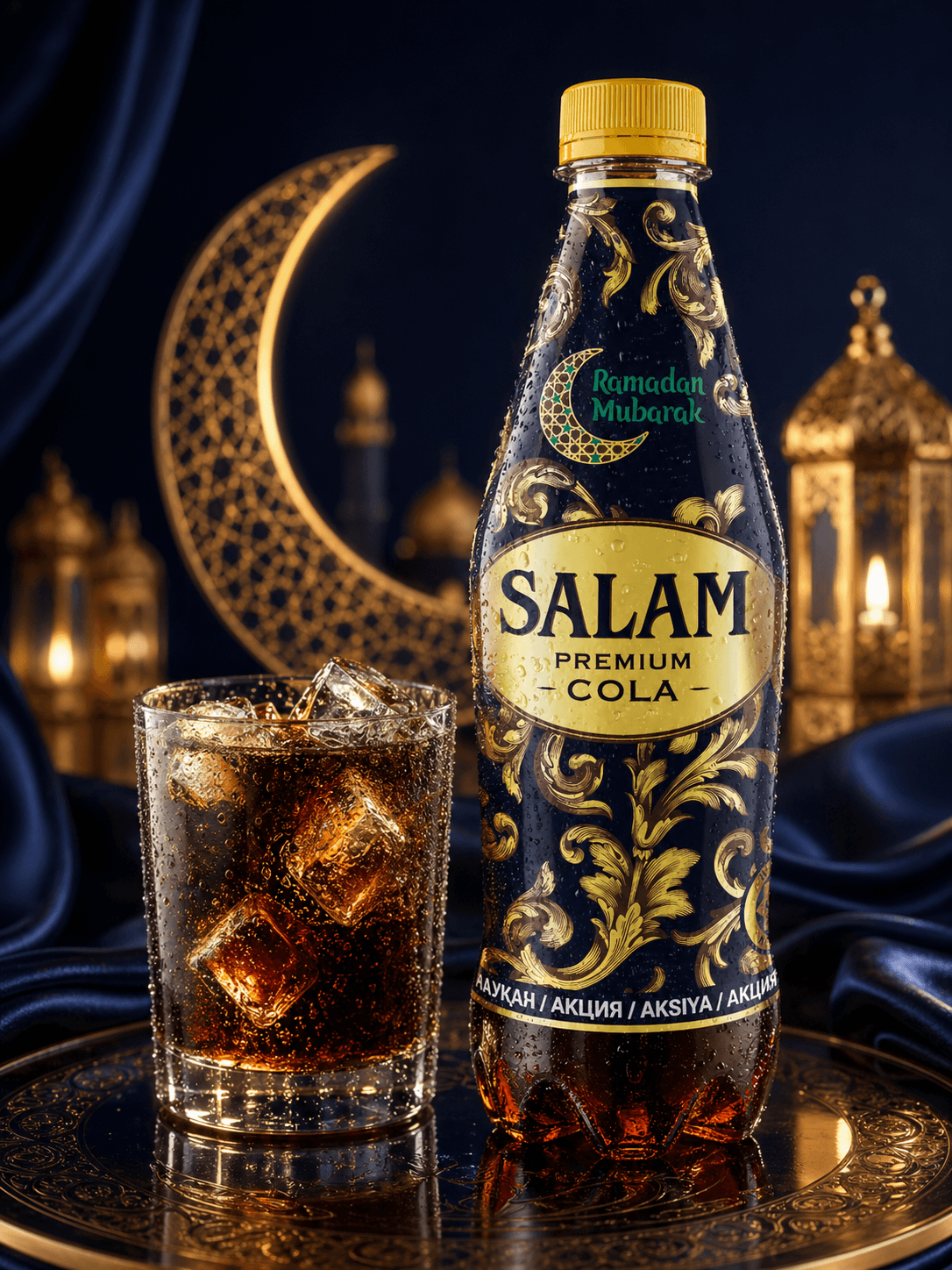 Salam Premium Cola Ramadan — бутылка с бокалом, вертикаль