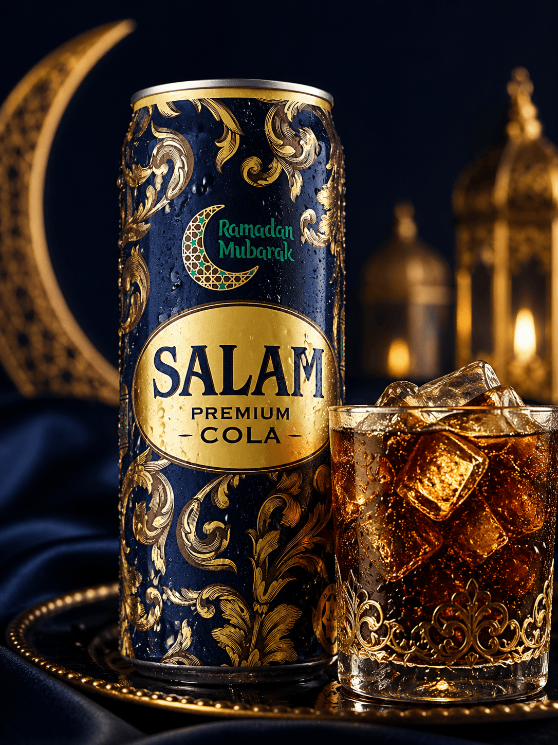 Salam Premium Cola Ramadan — банка с бокалом, вертикаль